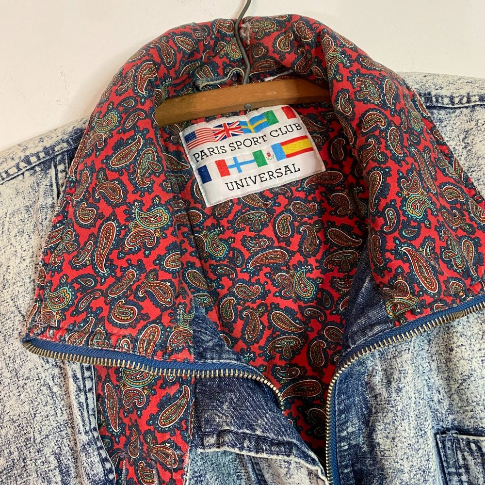 Vintage Paris Sport Club Universal Acid Wash Denim Paisley Lined Coat 1980s - Picture 4 of 6